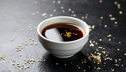 Sesame oil in bowl with dark background.