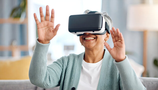 Senior woman VR experience home. (1)