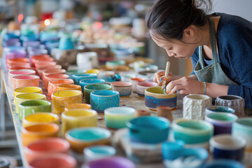 Colorful pottery artisan woman painting handmade creative studio focused