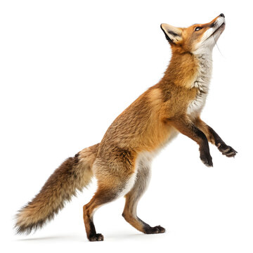 red fox jumping looking up two years old isolated
