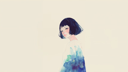 おしゃれな女性の振り向く水彩イラスト