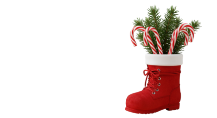 A festive red boot overflowing with candy canes and evergreen branches, a seasonal decoration.