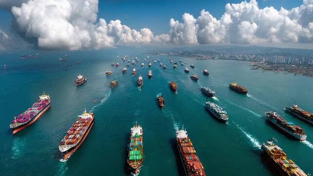 Shipping Armada: An aerial view showcases an armada of cargo ships traversing a vast expanse of azure ocean, navigating under a sky adorned with fluffy clouds.