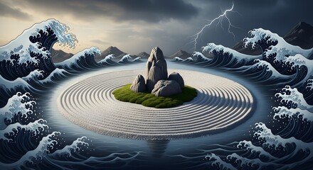 A serene zen garden with a rock island provides a focal point of calm and tranquility amidst chaotic, stormy ocean waves under a dramatic, lightning-filled sky