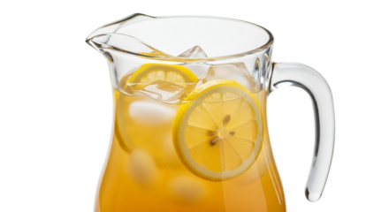 Glass pitcher of iced lemon drink refreshing summer beverage yellow citrus slices ice cubes