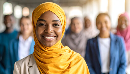 Smiling Muslim woman with diverse group.