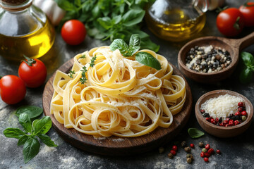 Wooden bowl filled with pasta, topped with parmesan cheese.