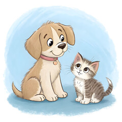 cute puppy and kitten sitting together on a blue background