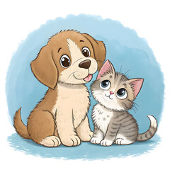 cute puppy and kitten sitting together on a blue background