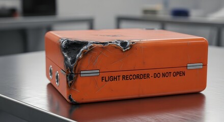 The damaged and burnt flight recorder, or black box, from an airplane crash sits on a table during an investigation to find the cause of the accident