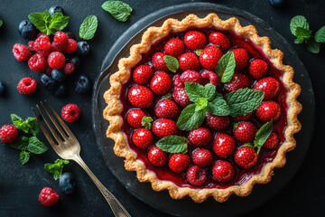 Fresh berry pie garnished with mint leaves.
