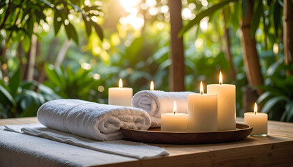 Spa Relaxation Candles with Towels, and Garden.