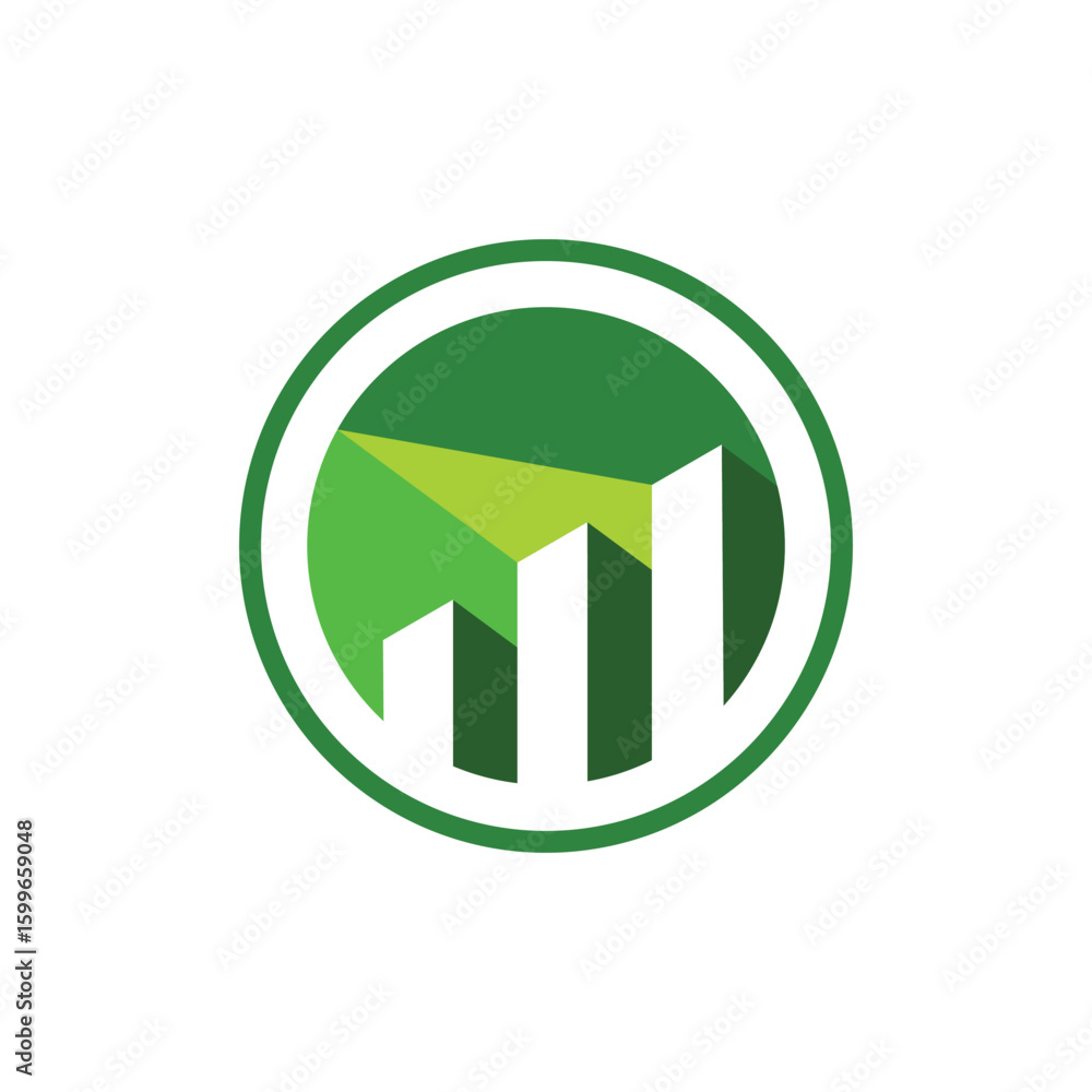 Poster the image shows a logo design of a graph bar inside a round circle shape in green color combination.