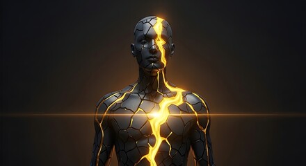 A futuristic android figure with golden light glowing from cracks in its dark body, symbolizing inner strength, energy, resilience, and healing (kintsugi)