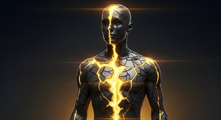 A concept of inner power and resilience, showing a futuristic humanoid figure with golden light glowing from cracks in its body, like kintsugi ar