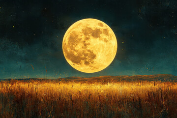 Full moon shining over a field at night.