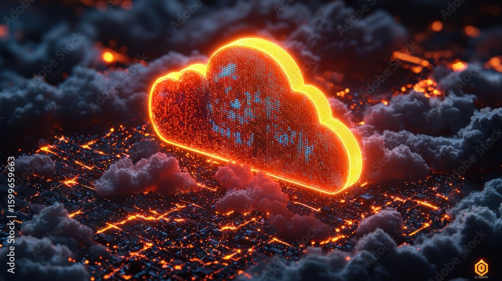 Poster glowing cloud computing network: digital data storage and processing in a futuristic landscape