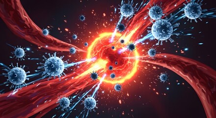 A microscopic view of pathogenic viruses attacking a central cell, illustrating a viral infection or the immune system's powerful response within the body