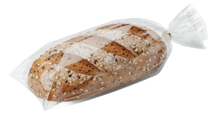 Multigrain bread loaf in clear plastic bagging for bakery food and packaging design