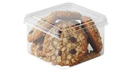 Oatmeal raisin cookies in a clear square container