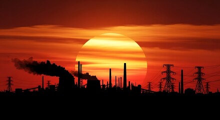 The silhouette of a large industrial factory with smokestacks emitting thick smoke against a dramatic orange sunset, depicting air pollution and climate change