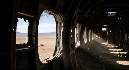 The desolate interior of an abandoned airplane wreck, with light streaming through broken windows, revealing the empty fuselage and the desert outside