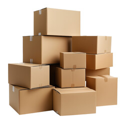 A stack of cardboard boxes of various sizes ready for moving and shipping on transparent background