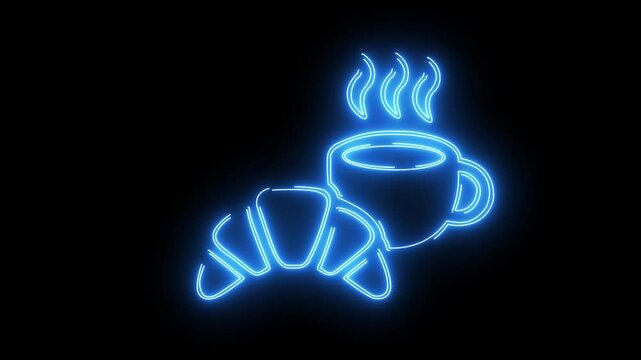 Icon of a cup of coffee and croisant with a glowing neon effect. Modern coffee cup icon animation. coffee cup icon neon motion graphics. Coffee icon Neon Style 4k video footage.