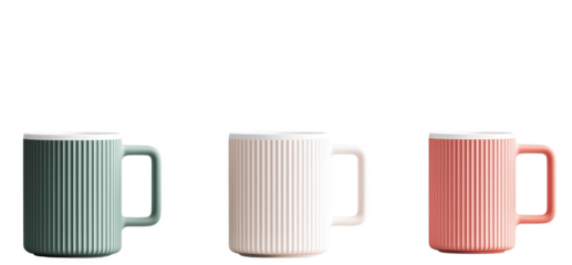 Three ribbed ceramic mugs in different colors on a transparent background