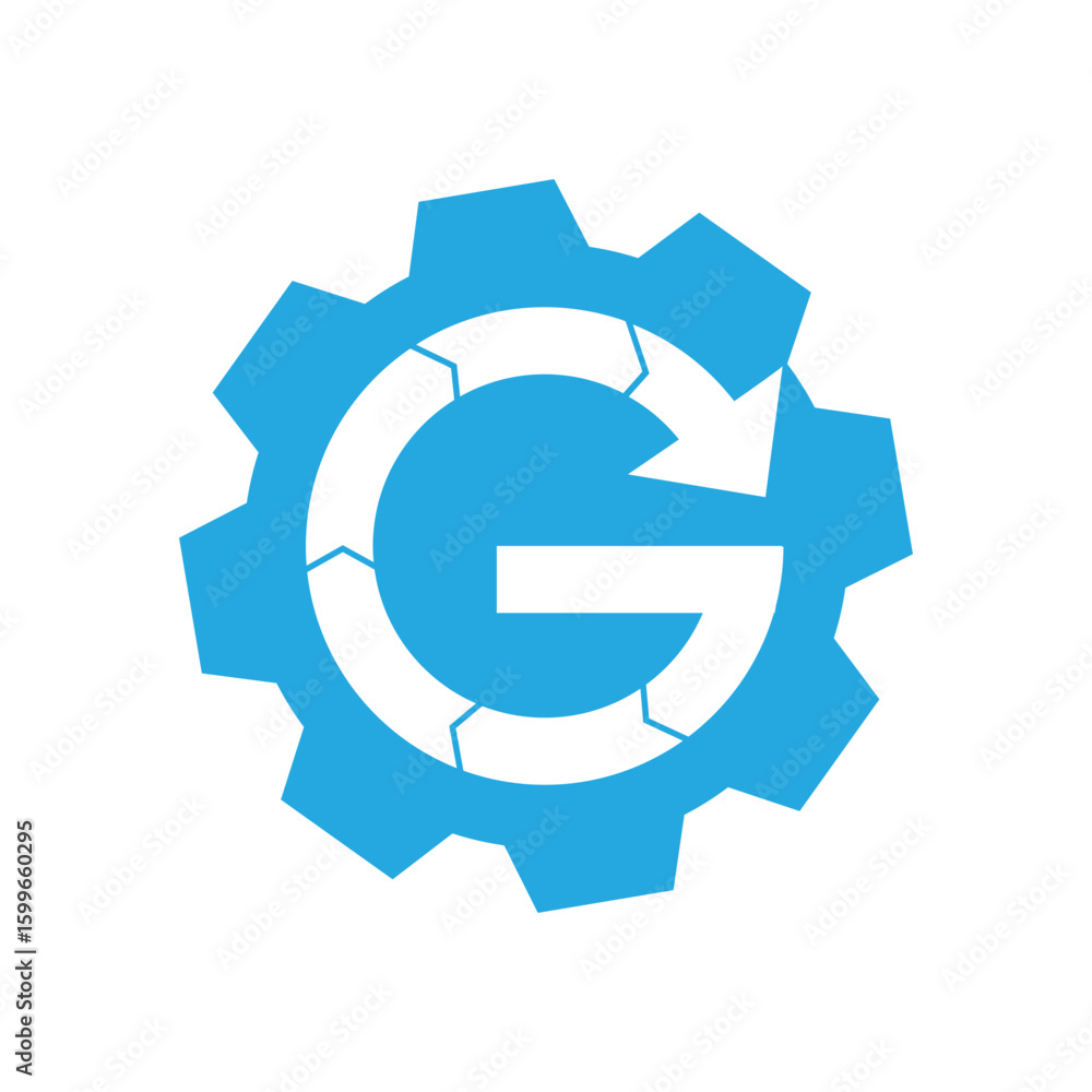 Fototapete the image shows a logo design of a circular letter g with arrow inside a round gear shape in blue co