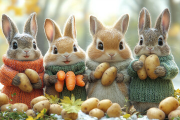 rabbits in sweaters holding carrots and potatoes.