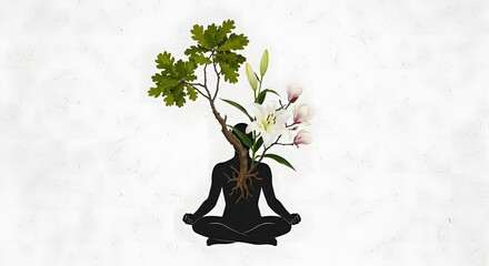 A conceptual illustration of a person meditating, with a tree and flowers growing from their body, symbolizing personal growth, healing, and wellness