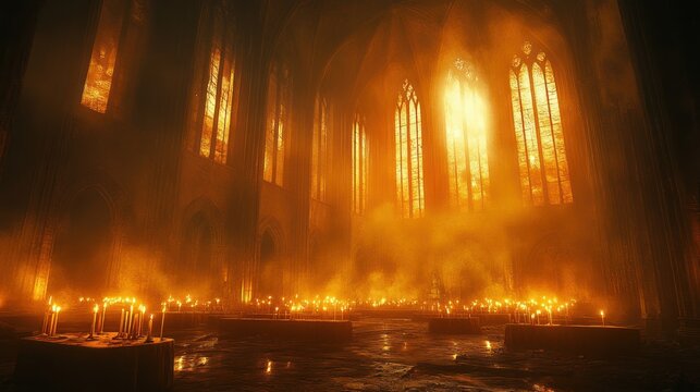 Ancient church filled with light and candlelight