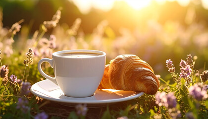 Sunrise Coffee  Croissant in Field.