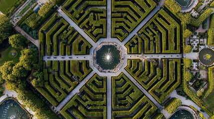 Intricate garden maze design with central fountain viewed from above during daytime