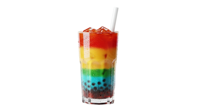 Rainbow layered beverage with boba pearls in a glass