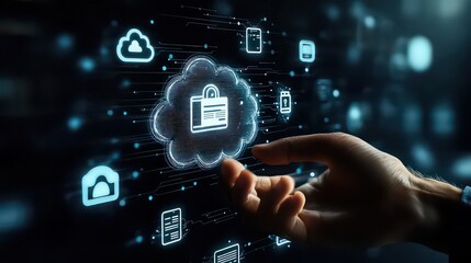 Fototapeta premium Hand reaching for cloud storage with padlock and digital icons on a dark background illuminated