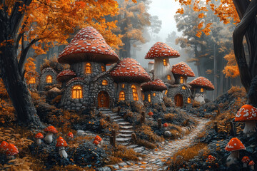 Path winding through fantasy forest with mushrooms.