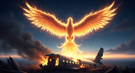 A powerful phoenix, a mythical bird of fire, rises from the ashes and wreckage of a plane crash, symbolizing rebirth, renewal, strength and resilience