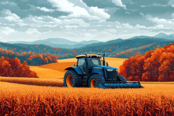 A tractor working in a field, mountains in the backdrop.