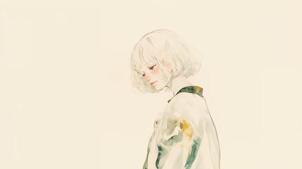 俯く女性のかわいい水彩イラスト