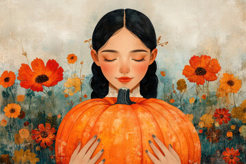 Woman holding pumpkin in flower field.
