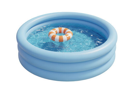 A blue inflatable kiddie pool filled with water and a ring float isolated on transparent background