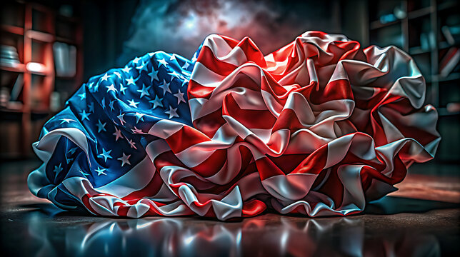 Crumpled American Flag Red White Blue Stars Stripes Fabric Texture Dramatic Lighting - Powered by Adobe