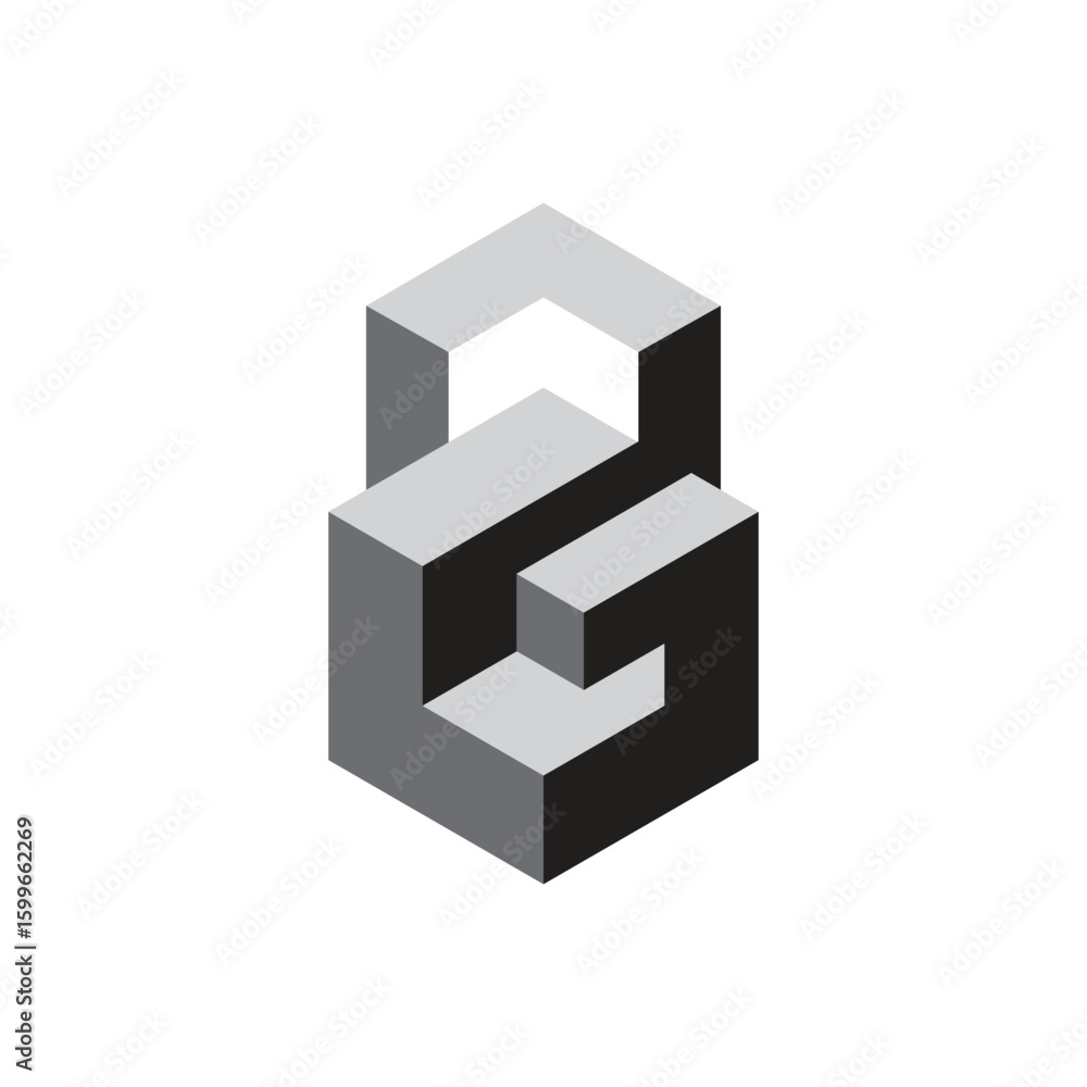 Poster the image shows a logo design of a letter g in lock shape in 3d hexagonal block style in grey that l