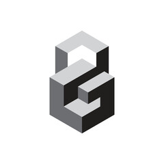 The image shows a logo design of a letter G in lock shape in 3D hexagonal block style in grey that looks clean and modern on a white background