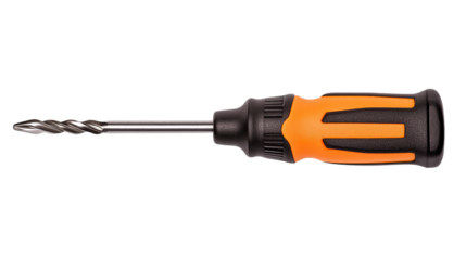 A screwdriver with a drill bit tip and an orange and black handle, isolated on a transparent background.