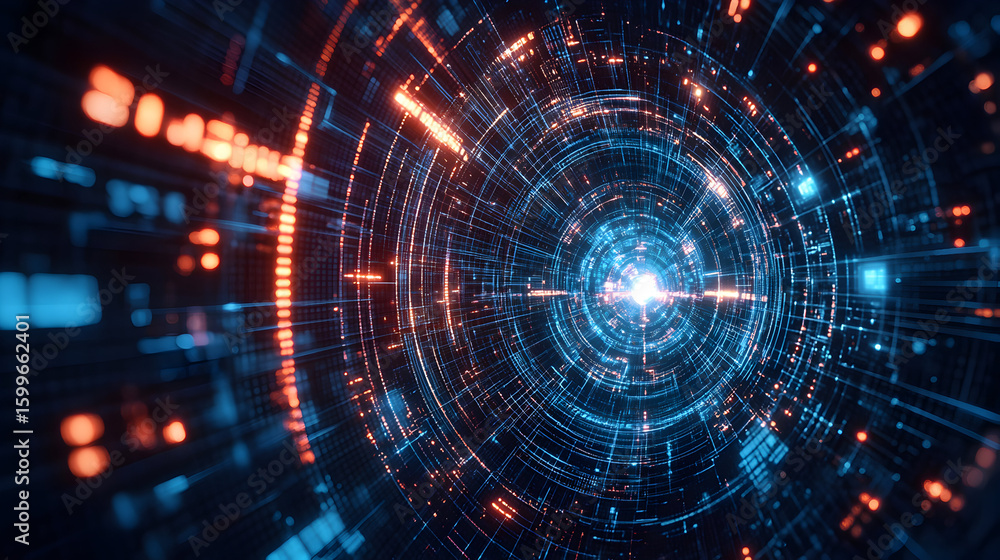 Poster abstract technological background with glowing circles and lines patterns effect