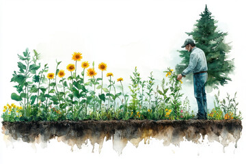 Man standing in field of sunflowers.
