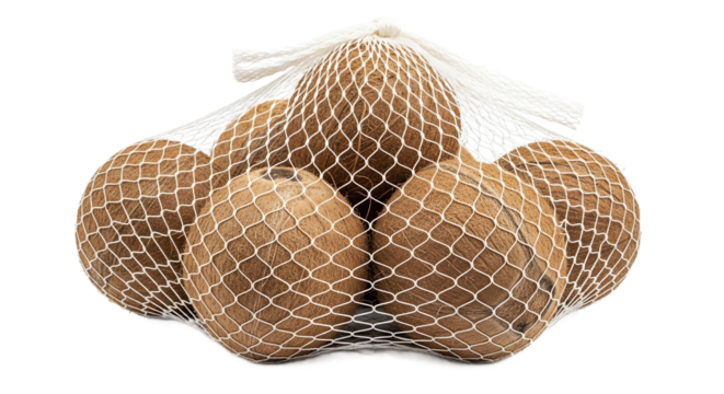 Several coconuts in a mesh bag on white background